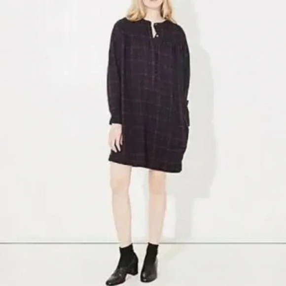 Steve Alan Wool Navy Plaid Oversized Tunic Blouse Dress Button Down Size Large - Picture 1 of 6